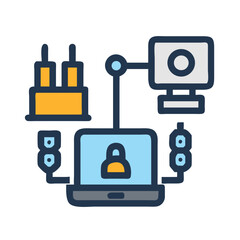 Secured network connection illustration with multiple connected devices icon