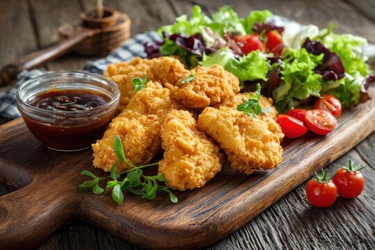 Breaded chicken strips on a cutting board with dip and fresh salad on a wooden surface