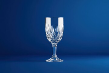Elegant Czech crystal glass with detailed engravings on a deep blue background in refined style