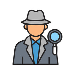 Detective with magnifying glass in flat color icon style