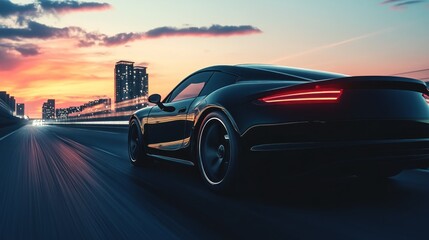 Naklejka premium Sleek black sports car speeding on highway at sunset, city skyline in background