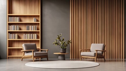 Fototapeta premium Modern wooden interior design with comfortable seating and bookshelves.