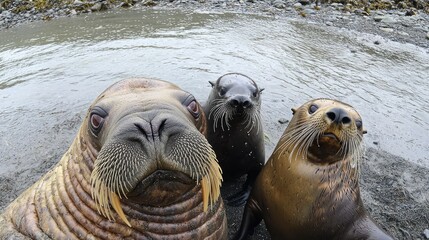 Fototapeta premium A walrus, a sea lion, and an otter all squeezed into the frame for a funny selfie.