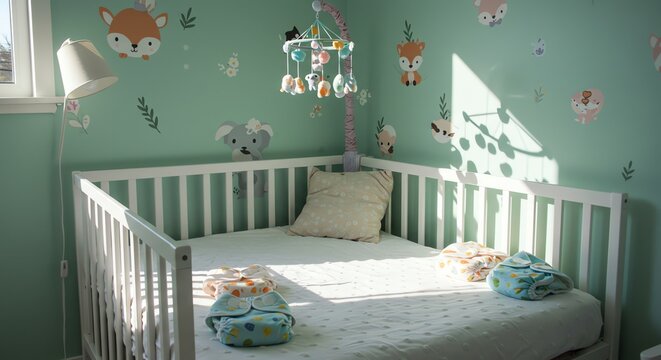 Baby Crib with Animal Decals and Mobile