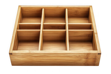 Detailed wooden box with nine compartments, natural wood grain pattern, empty interior, open top, isolated on transparent background