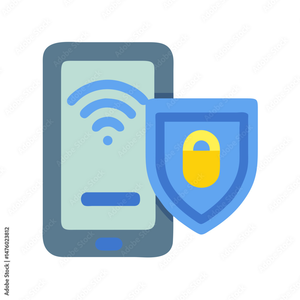 Poster mobile device protected by shield with wifi icon emblem