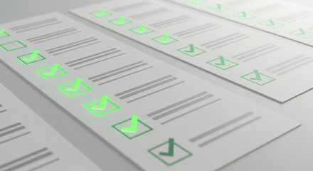 Rows of forms with green checkmarks indicate completion, accuracy, and verification on these checklists for organization and efficiency.
