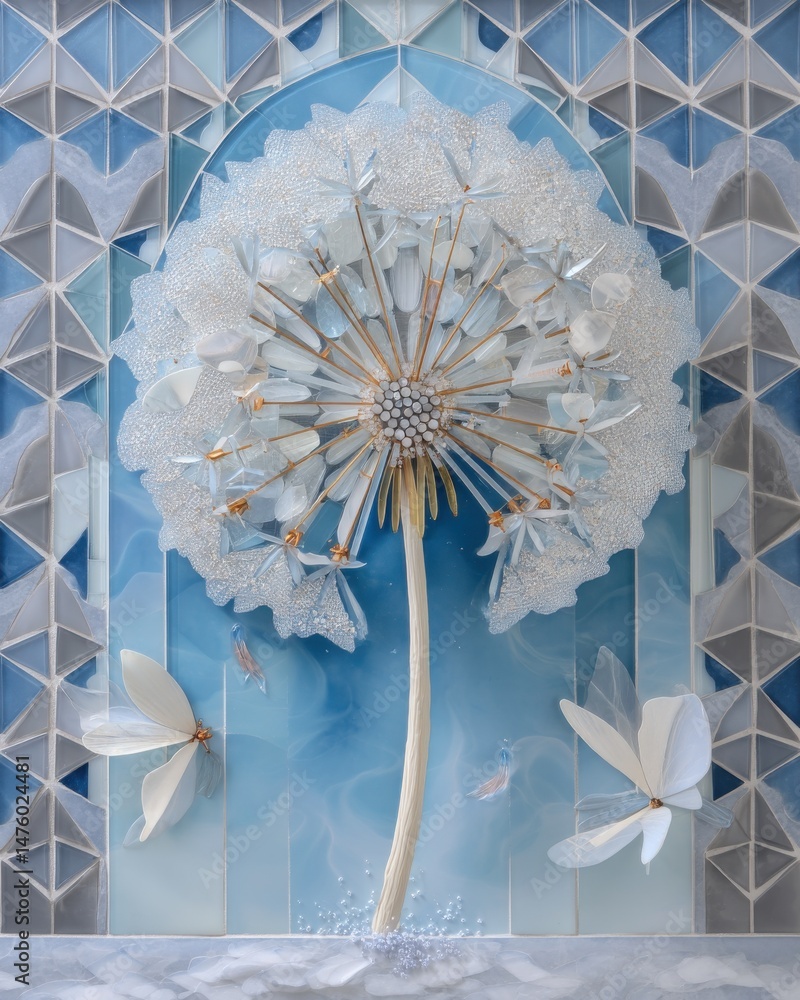 Poster a delicate and fragile dandelion flower is encased within a geometric minimalist glass frame creatin