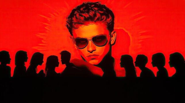Young man in sunglasses before a crowd, bathed in red light. Serious expression