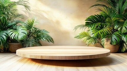 Obraz premium Serene Wooden Platform with Lush Tropical Foliage