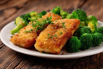Breaded walleye fillet with broccoli and greens Homemade dinner Close up shot