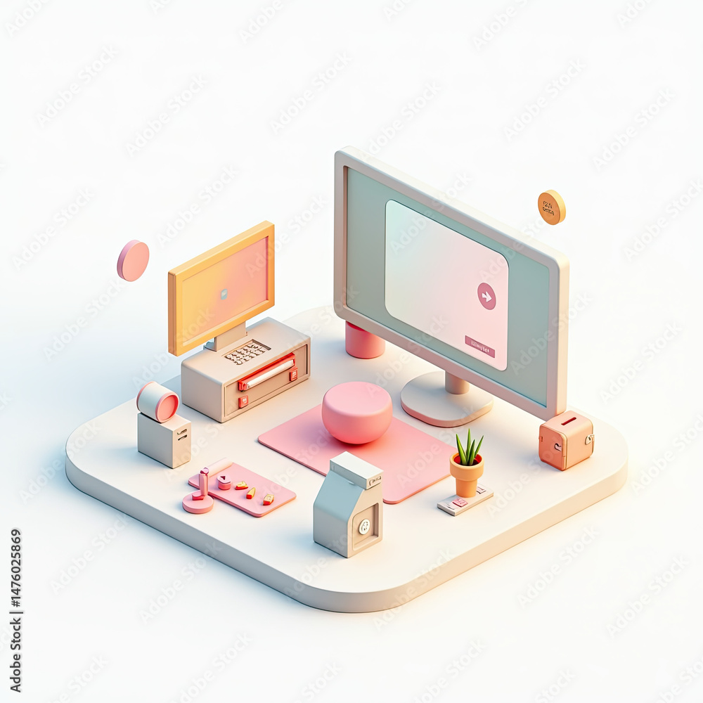 Poster pastel minimalist computer setup 3d render - minimalist design