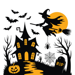 Halloween scene with witch house and bats silhouette