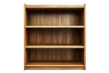 Detailed wooden bookshelf with three empty shelves, showcasing wood grain and construction, perfect for storage and display isolated on transparent background