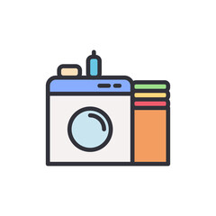 Stylized Illustration Of A Washing Machine And Stack Of Folded Clothes