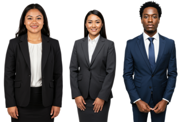 Studio portrait of a diverse group of three professional adults, two women and one man, wearing business suits and standing confidently against a transparent background.