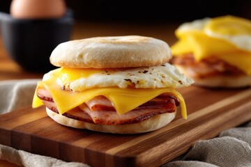 Breakfast sandwich with Canadian bacon egg and cheese on an English muffin on a cutting board