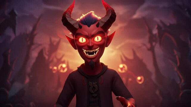 Red devil cartoon character illustration with horns and sharp teeth in fantasy setting, Generative AI