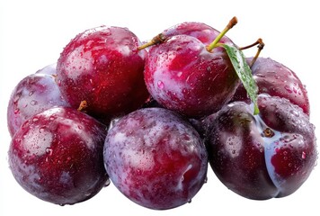 Obraz premium Freshly Harvested Plums with Water Drops and Glimmering Shine Against a Pure White Background for Healthy Eating and Culinary Concepts