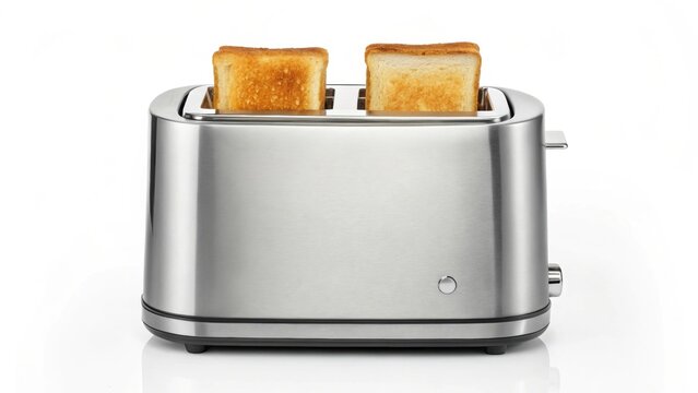 Modern silver toaster with two slices of perfectly toasted bread.
