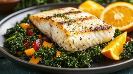 A wholesome dinner featuring grilled halibut, a colorful kale salad, and a few slices of orange for a boost in vitamin C.