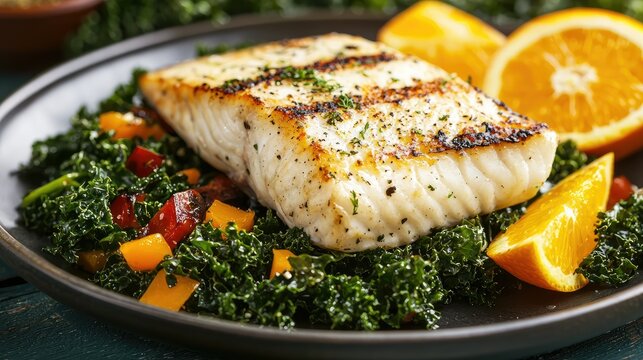 A wholesome dinner featuring grilled halibut, a colorful kale salad, and a few slices of orange for a boost in vitamin C.