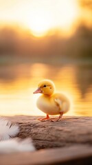Cute duckling by water at sunset