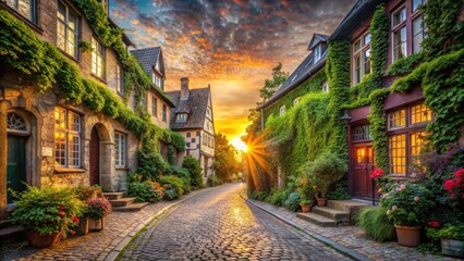 Fototapeta premium Cozy cobblestone street with historic buildings and lush greenery at sunset , architecture, nature