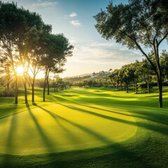Obraz premium Scenic Golf Course at Sunset with Lush Green Fairway and Trees in Golden Light Landscape View