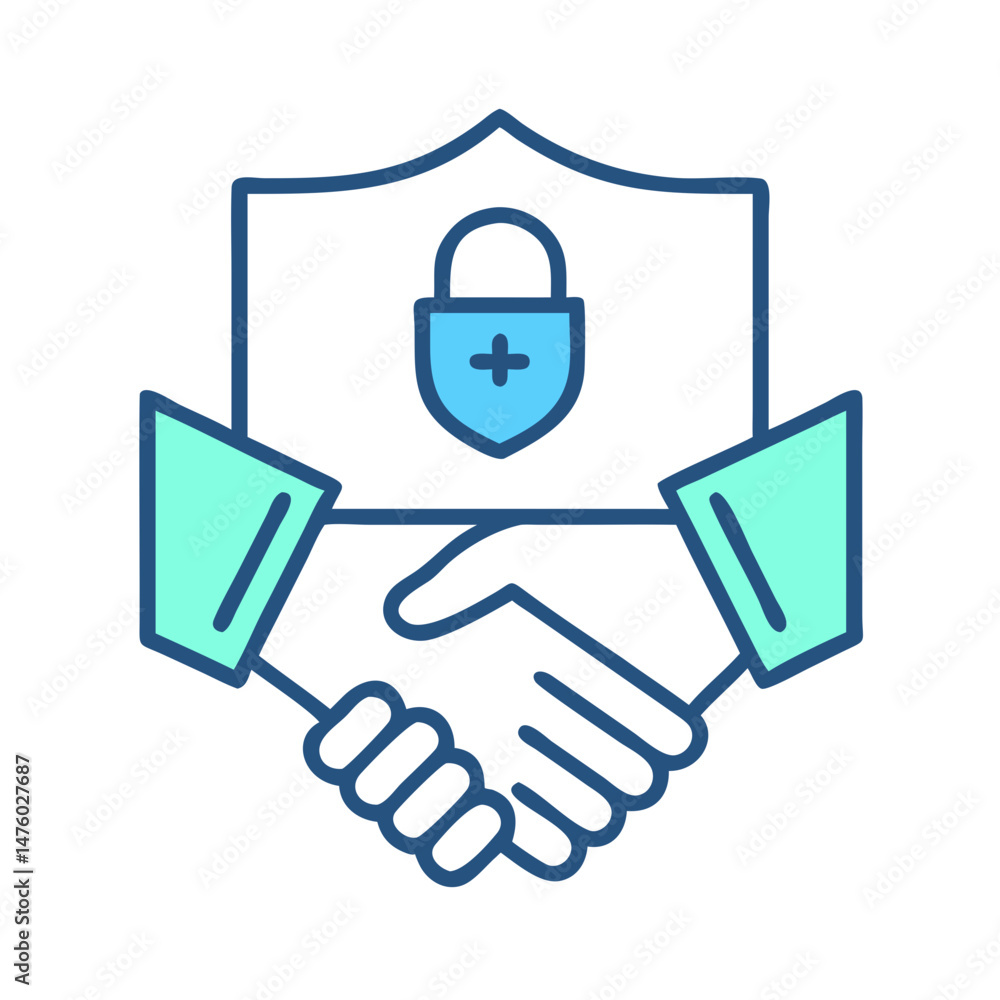 Poster handshake under security shield in flat design style