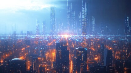 Fototapeta premium Futuristic Cityscape at Night Illuminated Towers and Digital Network