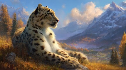 Obraz premium Majestic snow leopard rests in autumnal mountain vista.