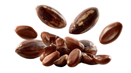 Obraz premium Chocolate Dreams: A vibrant, dynamic capture of rich, dark chocolate beans falling in mid-air against a clean white background. The composition is evocative of a luxurious indulgence.
