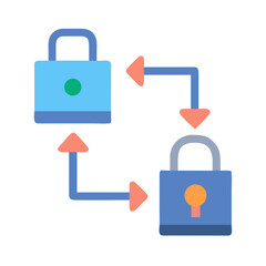 Padlock network with arrows showcasing data transfer and security