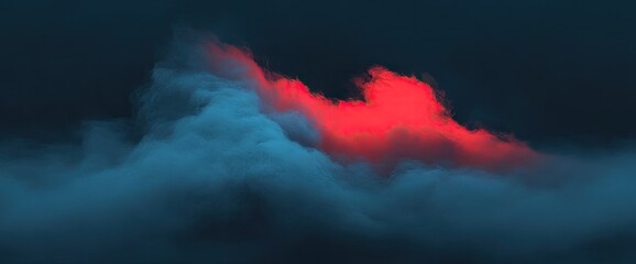 Abstract, misty mountain landscape. Blue clouds meet a bright red fog against a dark background