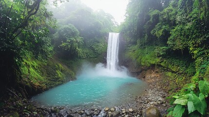 A wide-angle panoramic shot of the waterfall as it crashes into the pool, with the vibrant rainforest and mist-filled air visible beyond.
