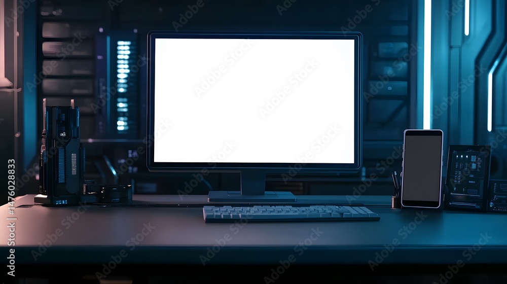 Poster futuristic desktop computer setup with blank screen.