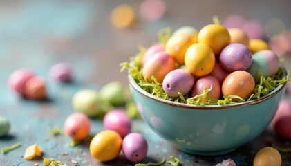 Colorful Easter eggs candy in a bowl, close-up shot , springtime, dessert