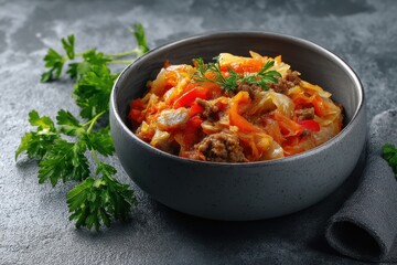 Cabbage rolls in a hearty stew with carrots rice and ground meat served in a gray bowl on a concrete backdrop Cabbage recipes