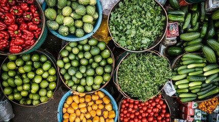 A wide-angle view from above of a market with a colorful array of vegetables including cucumbers, green peppers, and fresh herbs.