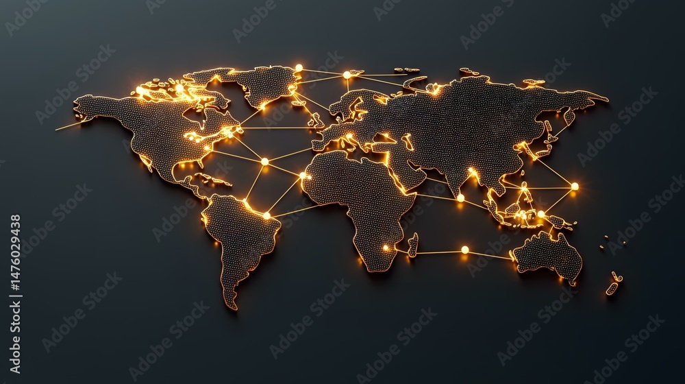 Poster a dark, three-dimensional world map is illuminated with glowing orange lines connecting various poin
