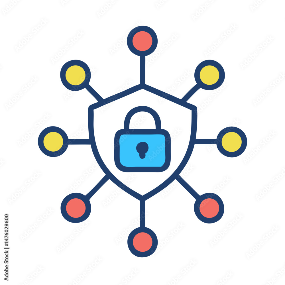 Poster network security shield with padlock connected to nodes