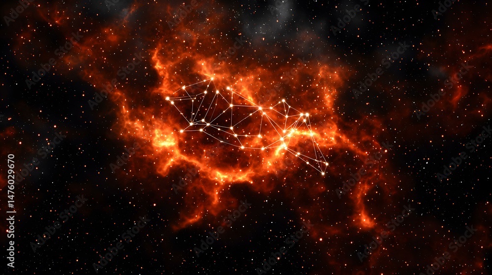 Poster the image shows a constellation superimposed on a fiery orange nebula. a network of lines connects t