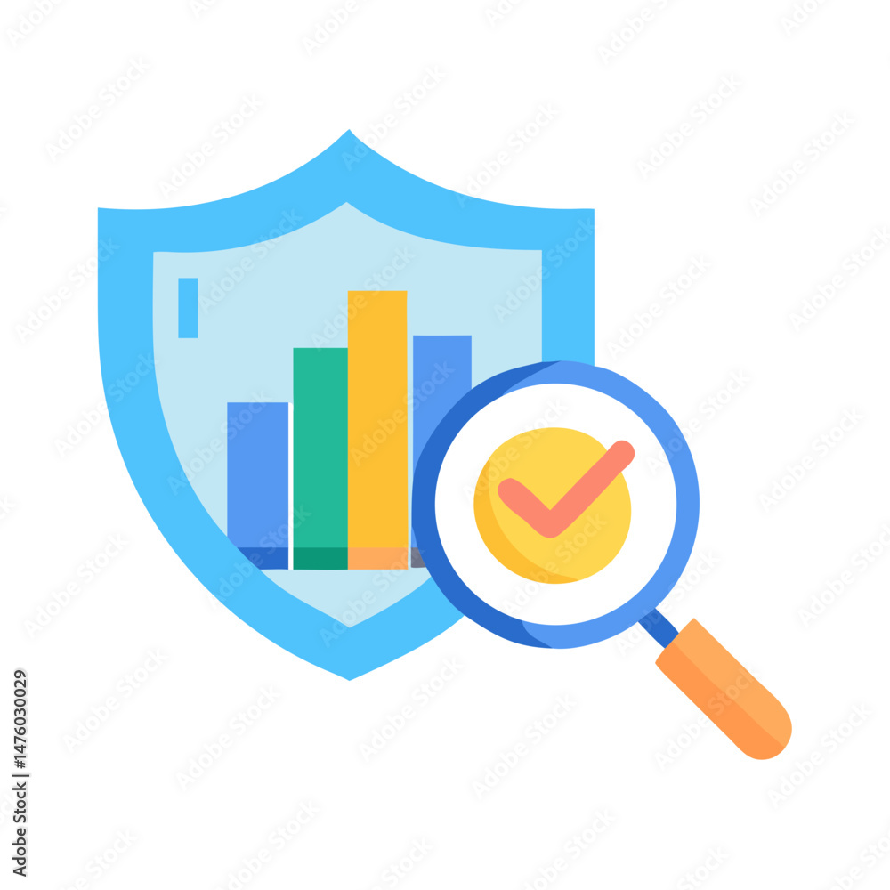 Poster shield with bar graph analyzed by magnifying glass icon