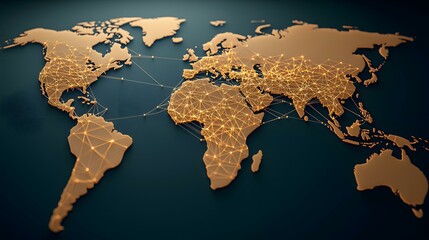 A 3D rendering of a golden world map with illuminated lines connecting various points, representing global interconnectedness.