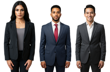Studio portrait of three diverse young adult business professionals, two males and one female, wearing formal suits and blazers against a transparent background.