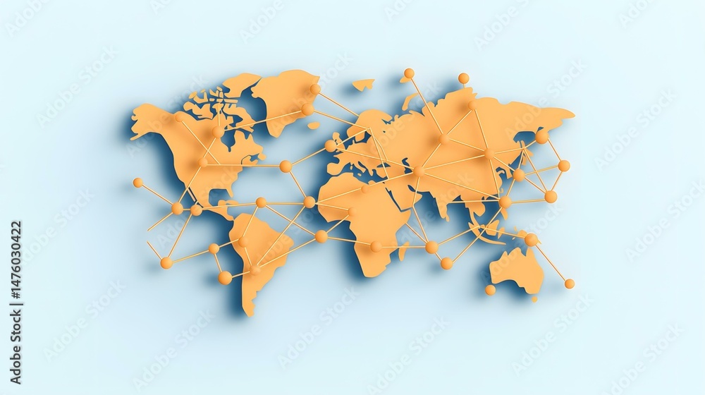 Poster an orange, paper-like world map is overlaid with a network of interconnected orange nodes and lines,