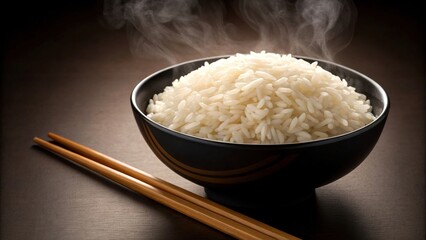 Steaming bowl of rice with chopsticks, set against a dark background.