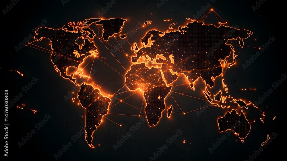 Aufkleber a glowing orange world map with illuminated connecting lines illustrates global network connections.
