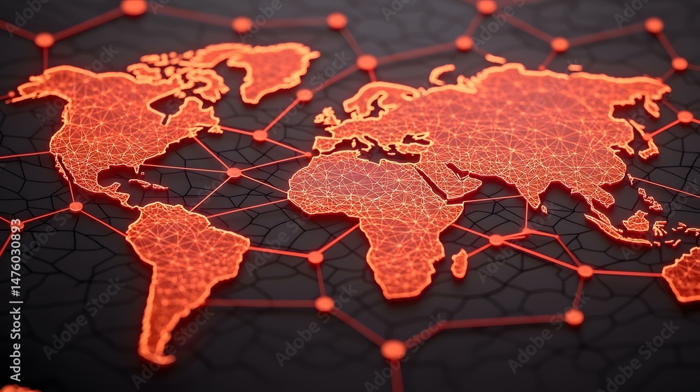 Poster a glowing orange world map is displayed, its continents interconnected by a network of lines and nod